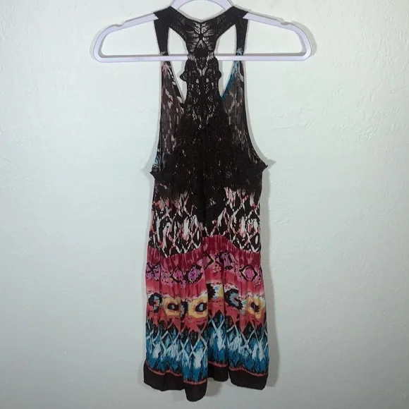 Bohemian Colorful V-Neck Mini Dress Crochet Lace Back Faux Buttons Boho Print - Picture 10 of 12